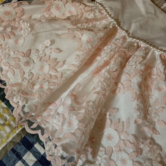 Elegant Cream Kids Lace, Satin, & Pearl Dress - Picture 3 of 4